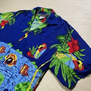 Basix Hawaiian Shirt Jammin Palm Trees Parrots Fish Island Paradise Men's XL VTG